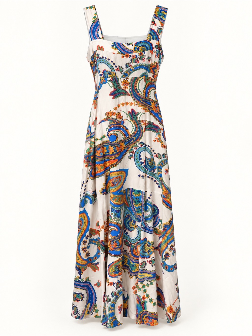 1. State White Paisley Maxi Dress with Blue, Orange & Green Print